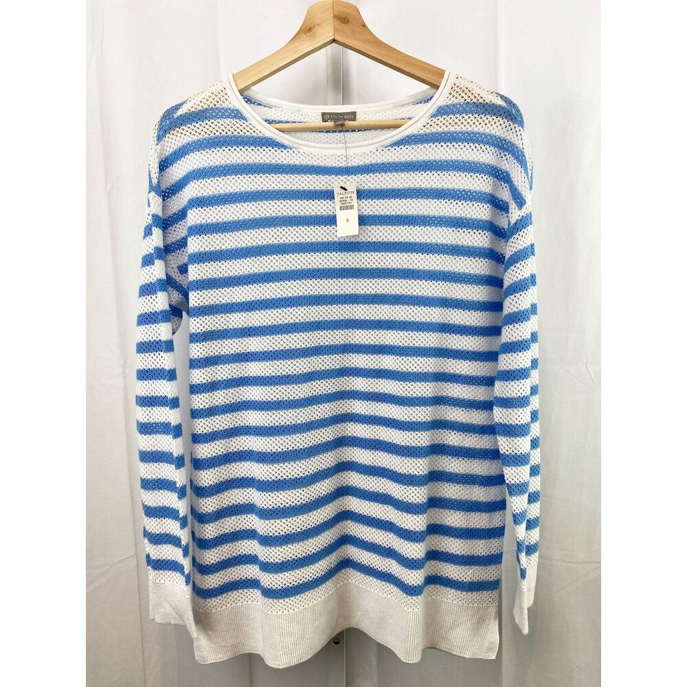 NWT T by TALBOTS  S Coolmax Crew Neck Sweater Summer Stripe Mesh Blue White